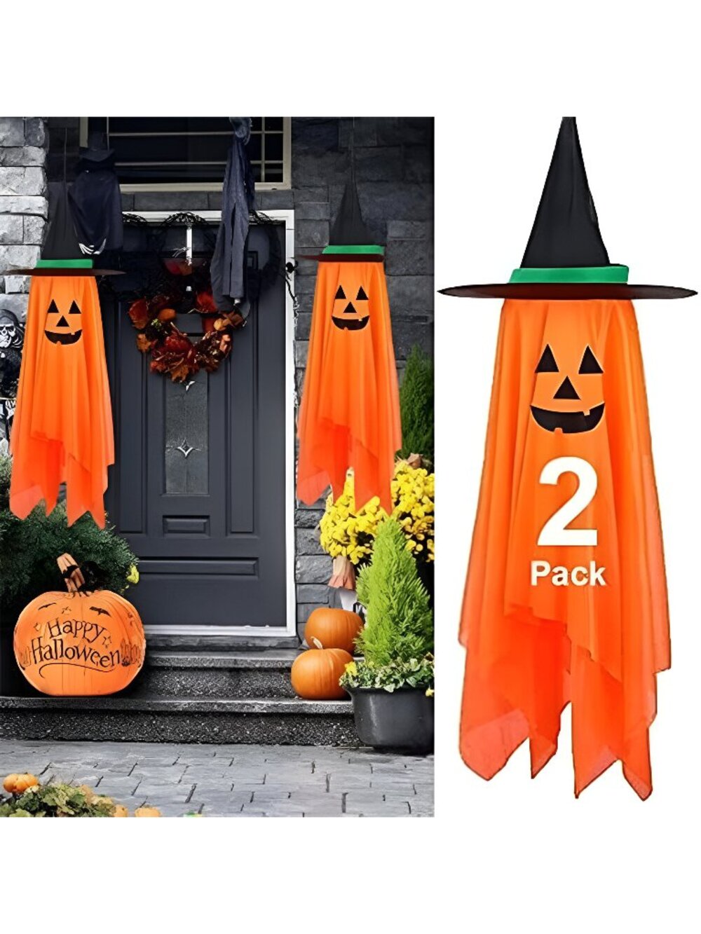 Halloween Decor, 2 Pack Orange Pumpkin Wizard Hat Pre-Installed Pumpkin Ghost